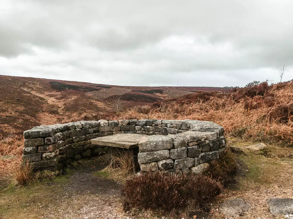 A stone enclave with a stone table, surround by dead fern and heather.