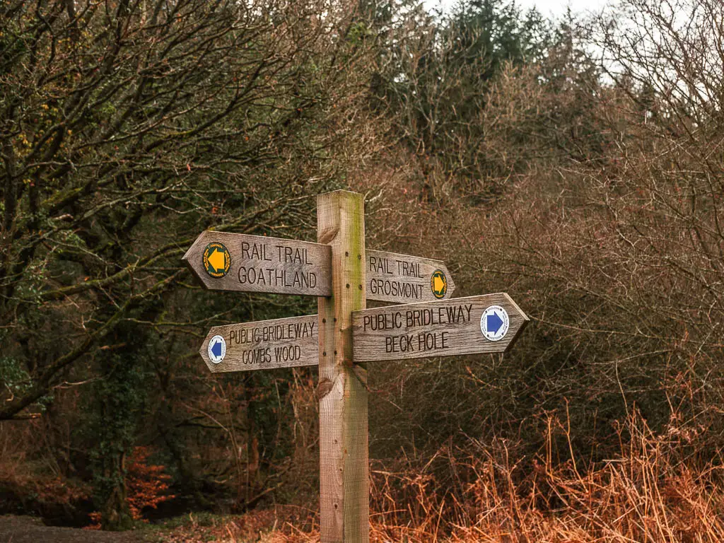 A wooden trail signpost pointing the way to walk for goathland, Grosmont, and the rail trail.