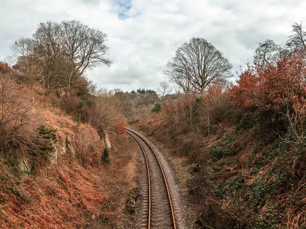 Looking down and along the railway line as it curves left, along the Goathland to Grosmont circular walk. the rail track is at the bottom of two banks with bushes and trees.