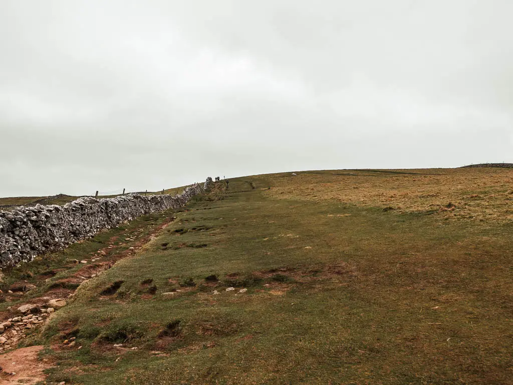 A dark green grassed uphill, with a dirt trail and stone wall on the left.