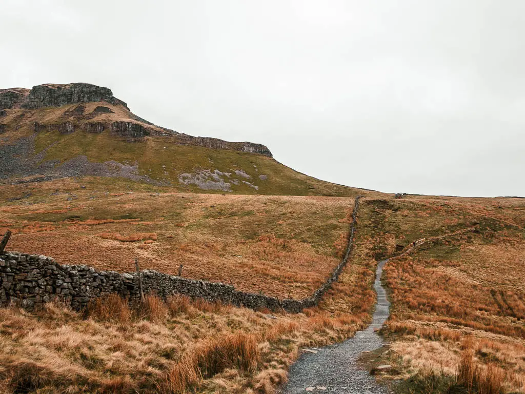 Looking up at Pen-y-Ghent looming ahead to the left, with a trail on the right on the walk up.