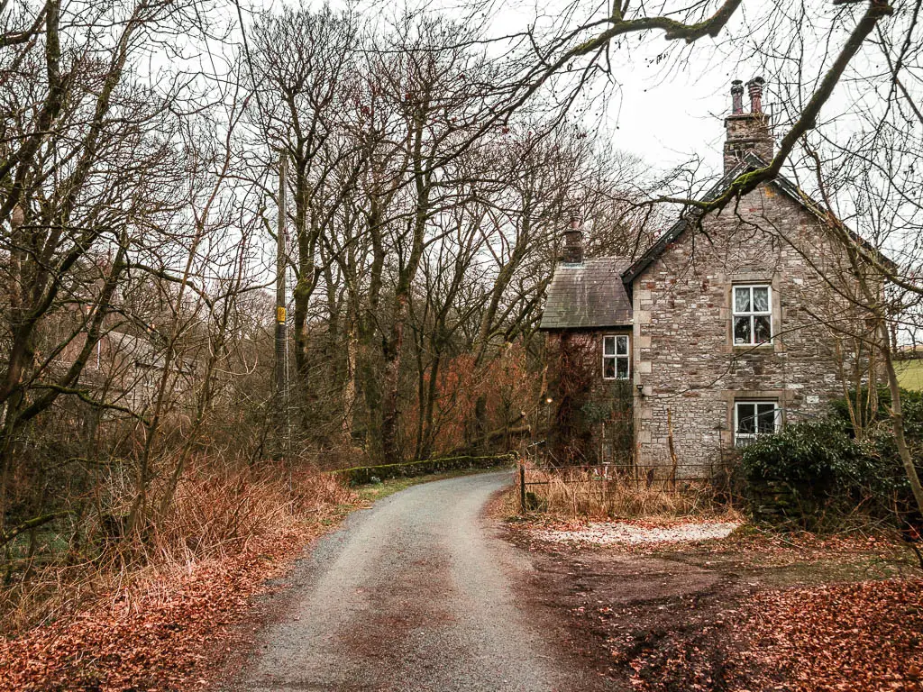 A road curving ahead to the right around a stone walled house. There are leafless trees lining the left side of the road. 