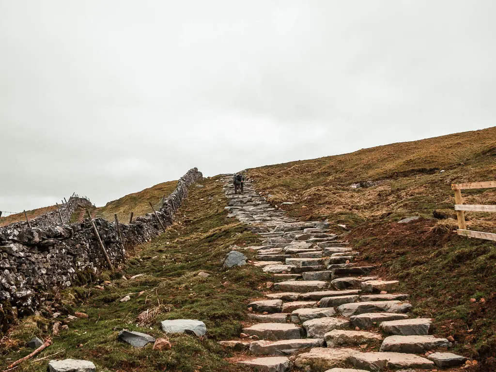 Rugged stone steps leading uphill, with a few people walking on it ahead. There is a stone wall on the left, and the ground is covered in dark green grass.