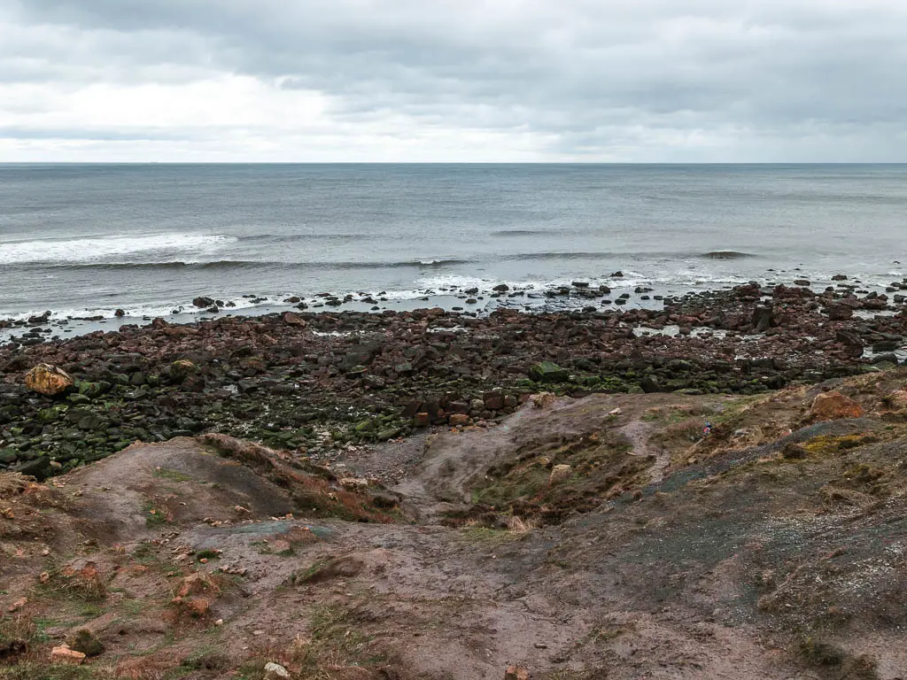 A rugged dirt ground, with black rocks and the sea at the bottom.