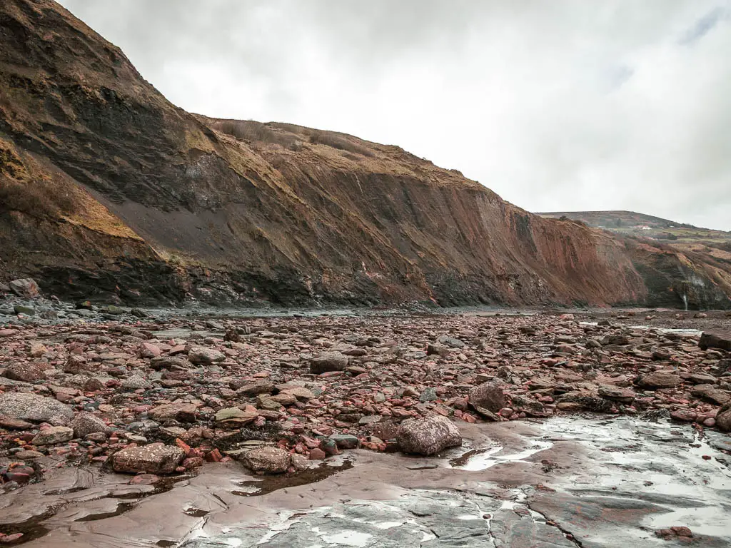 A rocky beach in front of a steep rugged cliffside.