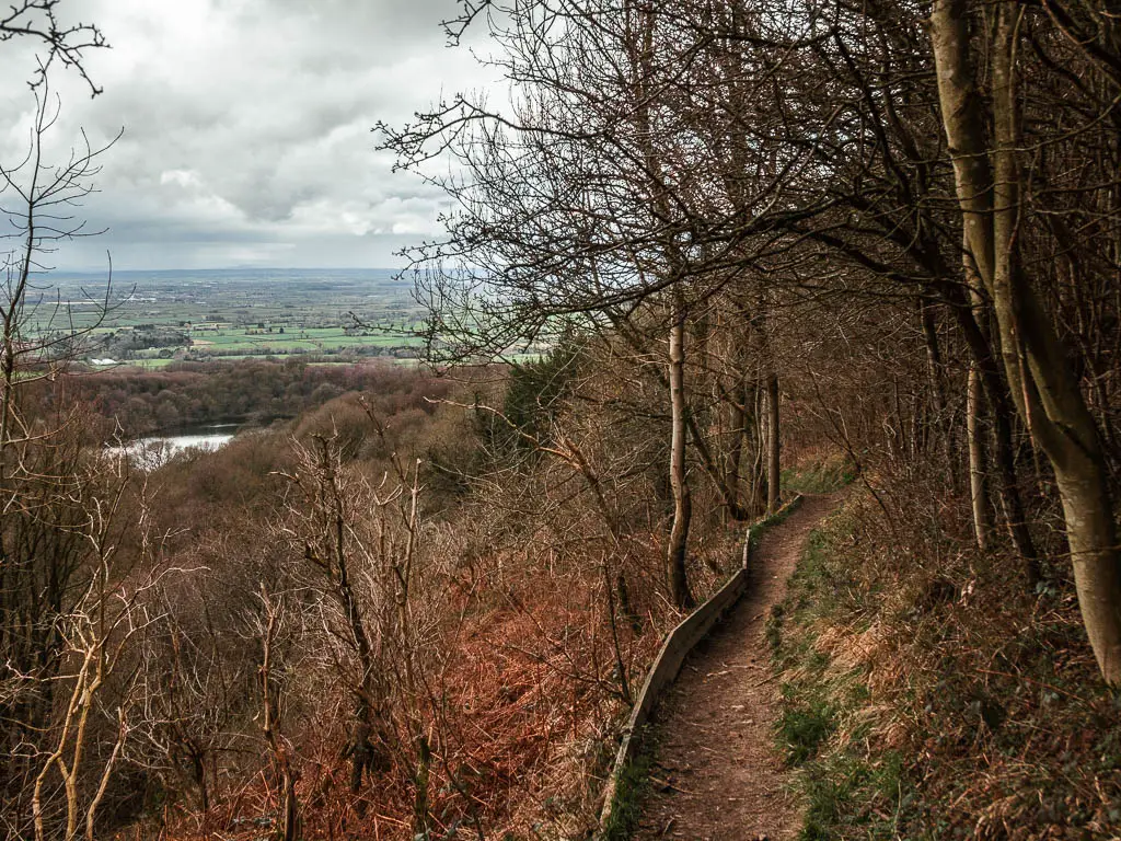 A narrow dirt trail on the right, on the edge of the hill side woods, with a view to the left of Gormire Lake below, on the walk down off Sutton Bank.