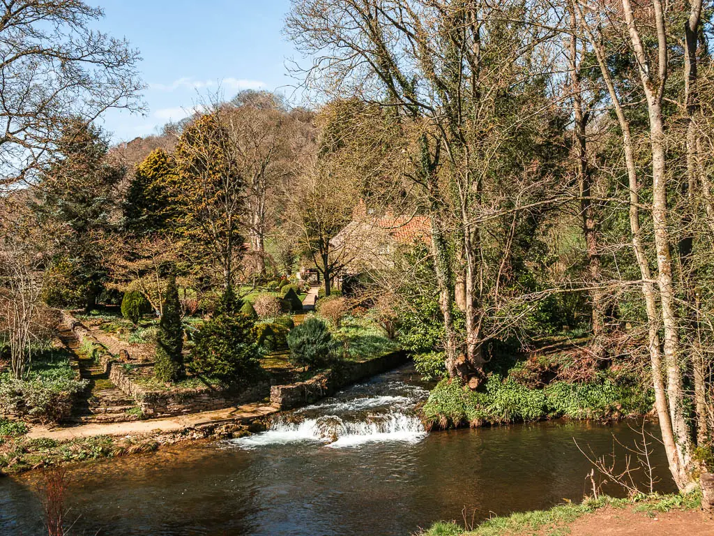 Looking across the river rye to a small cottage hidden behind the trees along the Helmsley to Rievaulx Abbey walk. There is a small waterfall flowing into the river.