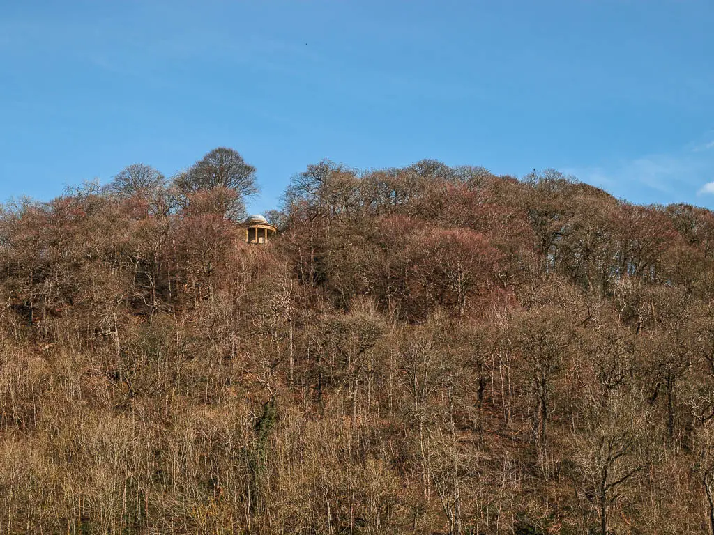 A small pillared sitting place nestled high within the trees. The sky is bright blue.