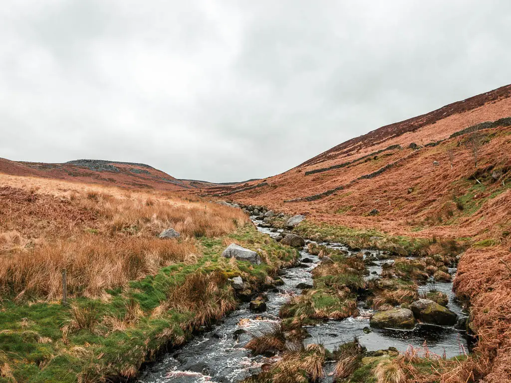 A stream of water flowing downhill through the valley when walking around the Grimiwith Reservoir. There are lots of rocks in the stream.