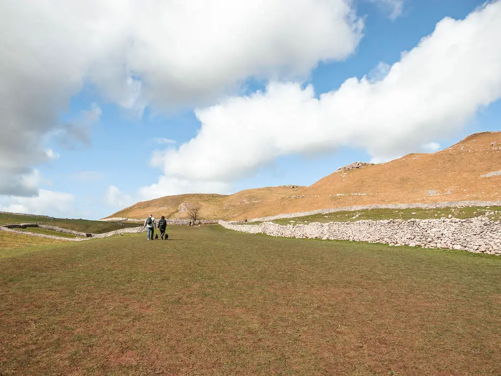 A large grass field, with a stone wall on the right, and hills ahead. There are a couple of people walking their dogs ahead, up the hill.