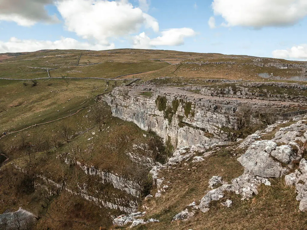 Looking along the rocky cliff face of Malham Cove, after walking from Gordale Scar and Janets Foss.