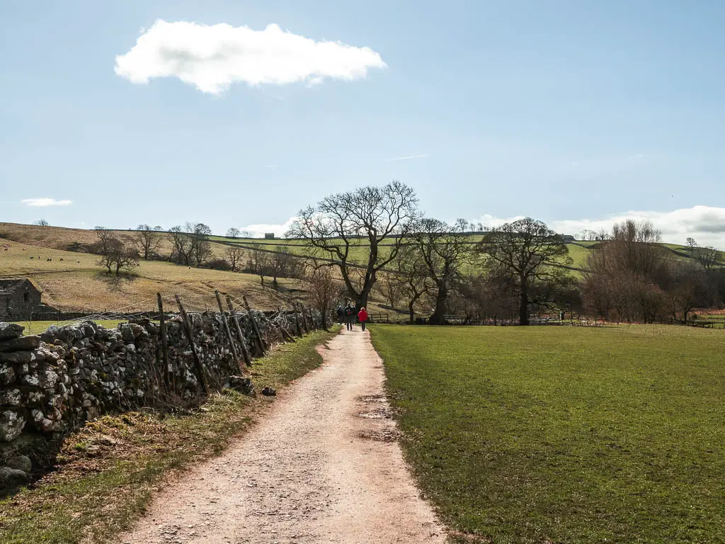 A wide path with a field on the right and stone wall on the left, on the walk towards Janet's Foss.