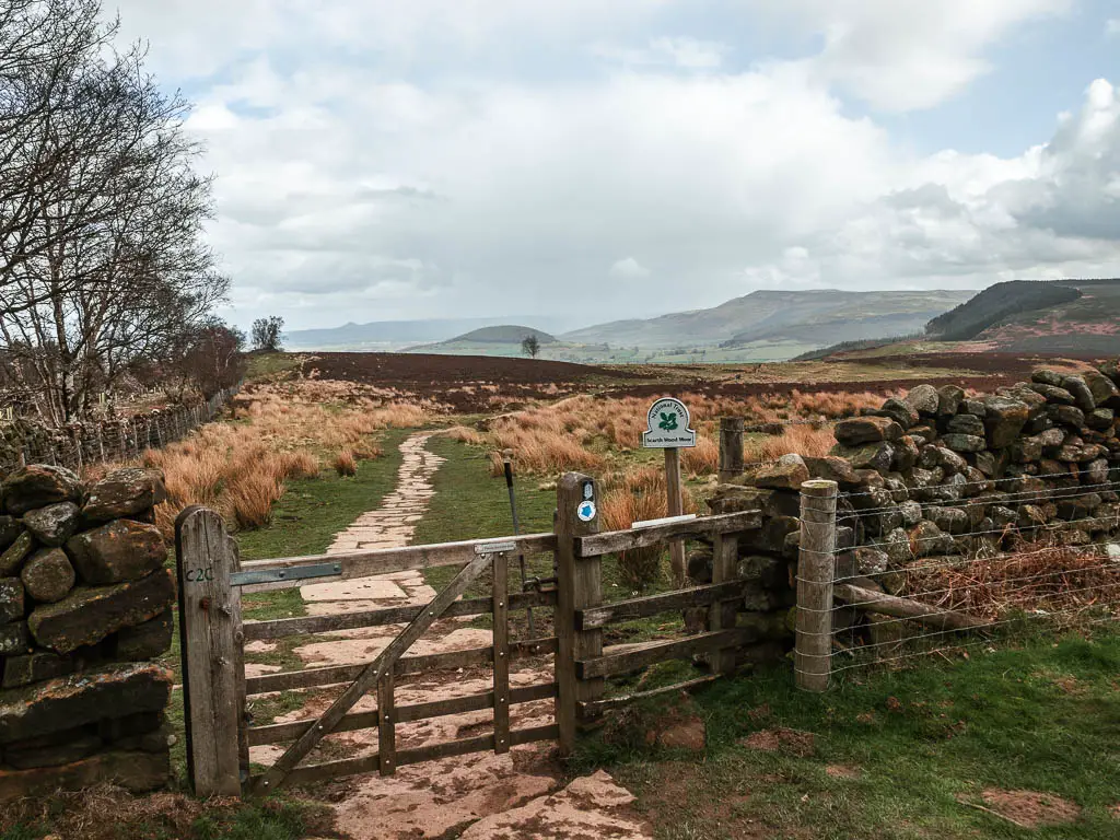 A wooden gate leading onto Scarth wood Moor, part way through the Osmotherley walk.