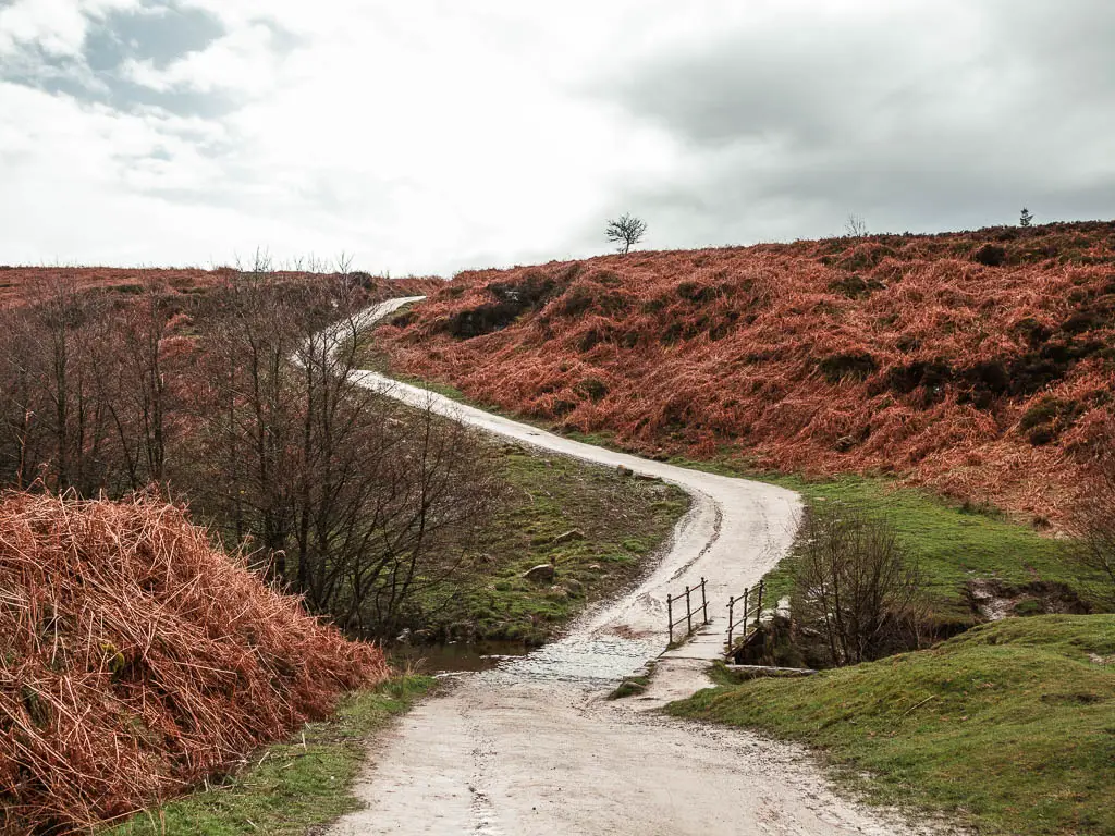 A wide path winding uphill ahead.