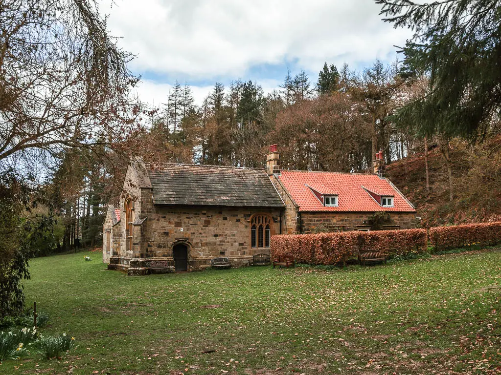 The Lady Chapel in the field, surround by trees, along the circular Osmotherley walk.