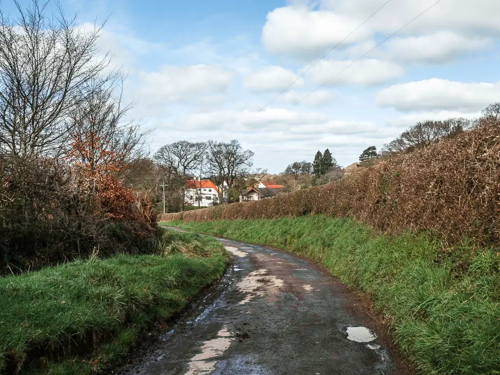 A road curving to the left ahead, lined with bushes, and a view to white coloured houses with red roofs ahead.