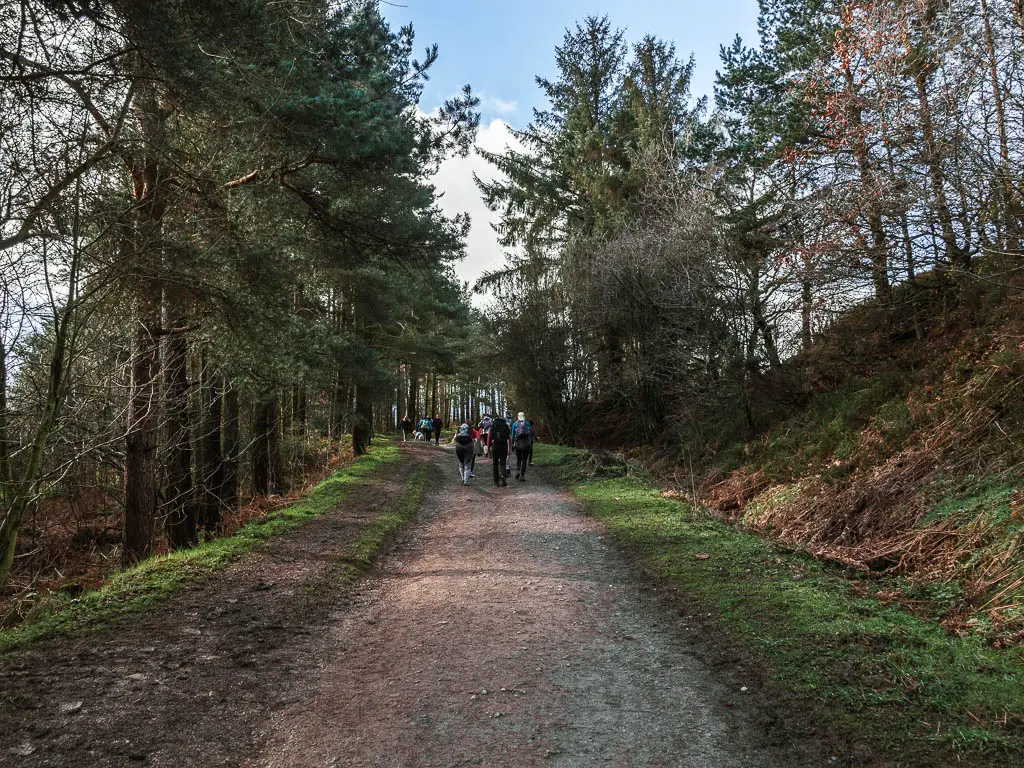 A wide path leading uphill, on the walk up to the Captain Cook's Monument. It is lined with grass banks and trees. There are lots of people walking ahead.