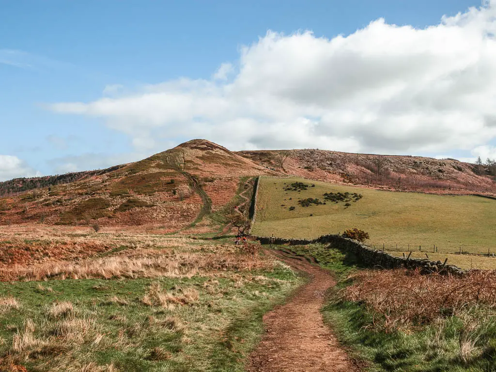 A dirt trail leading towards a hill, with the trail zigzagging up the hill.