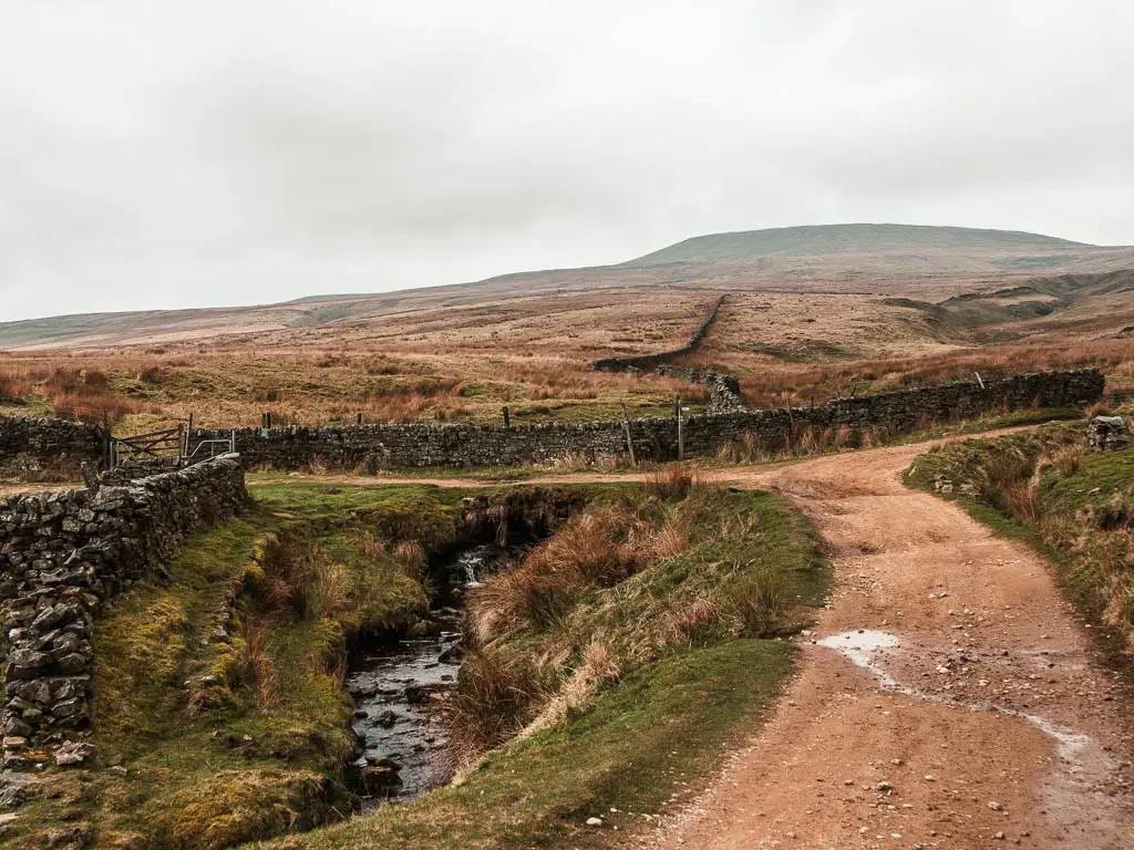 A dirt path on the right, leading to a t-junction.  There is a small stream of water on the left side of the path. There is a stone wall on the other side of the junction, and moors rising up beyond.