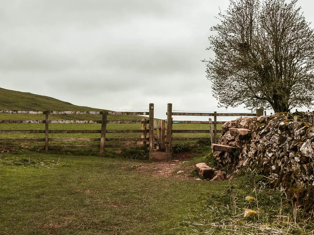 A stone wall on the right, and a wooden gate and fence straight ahead.