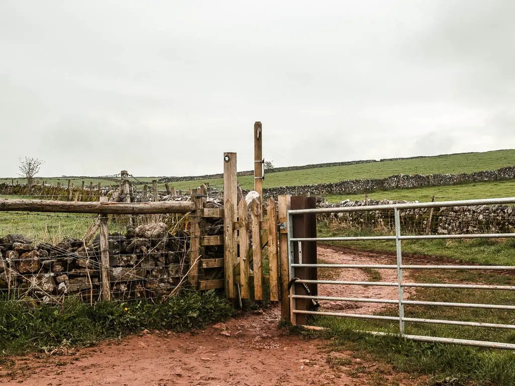 A wooden gate next to a metal gate.