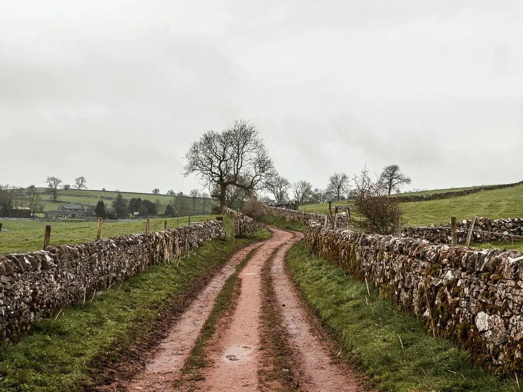 A track winding ahead, lined with a small grass bank and stone walls on either side, near the end of the short circular walk to Thor's Cave.