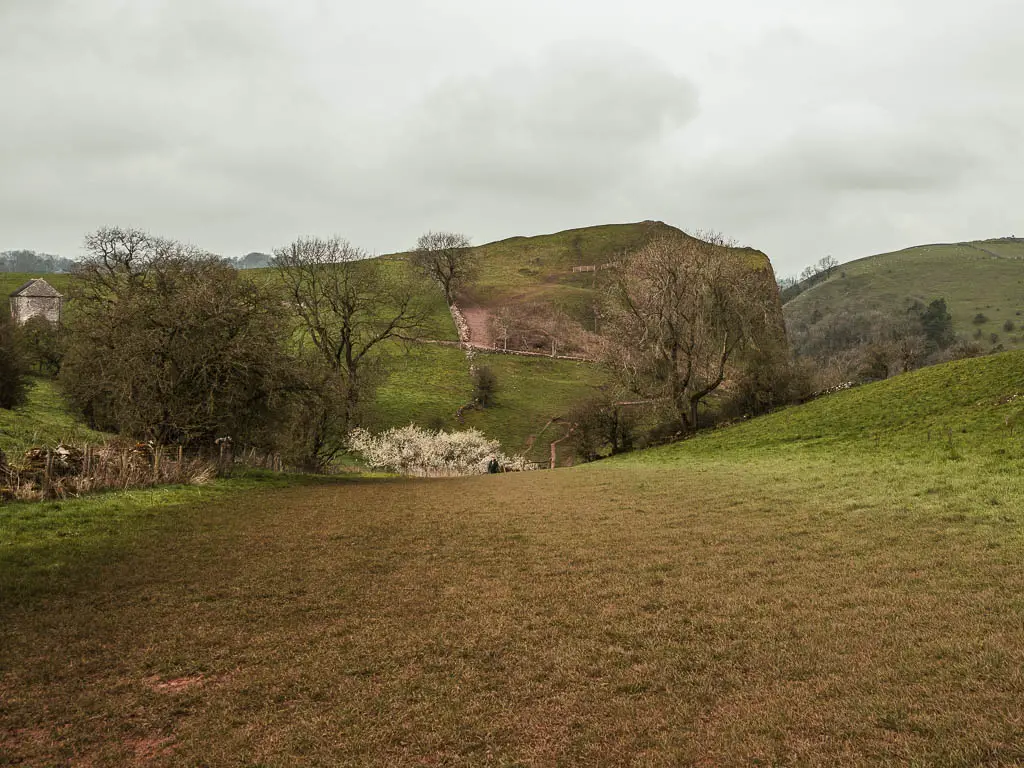 Walking down the large grass field hill, with a view to the big hill with Thor's Cave ahead.