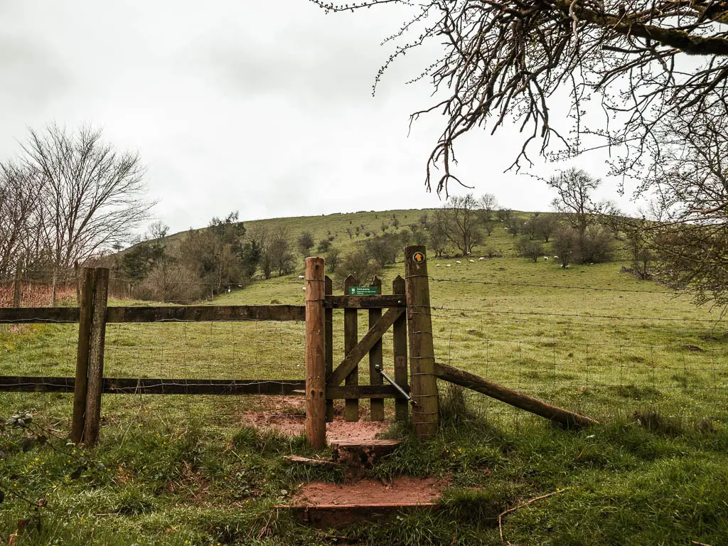 A small wooden gate leading into a large grass hill field.