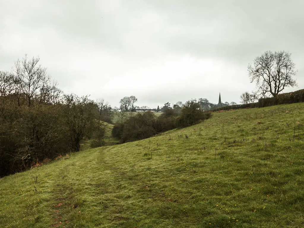 A grass trail along the hillside, leading towards a mass of bushes. There is a church spire visible in the distance to the right.