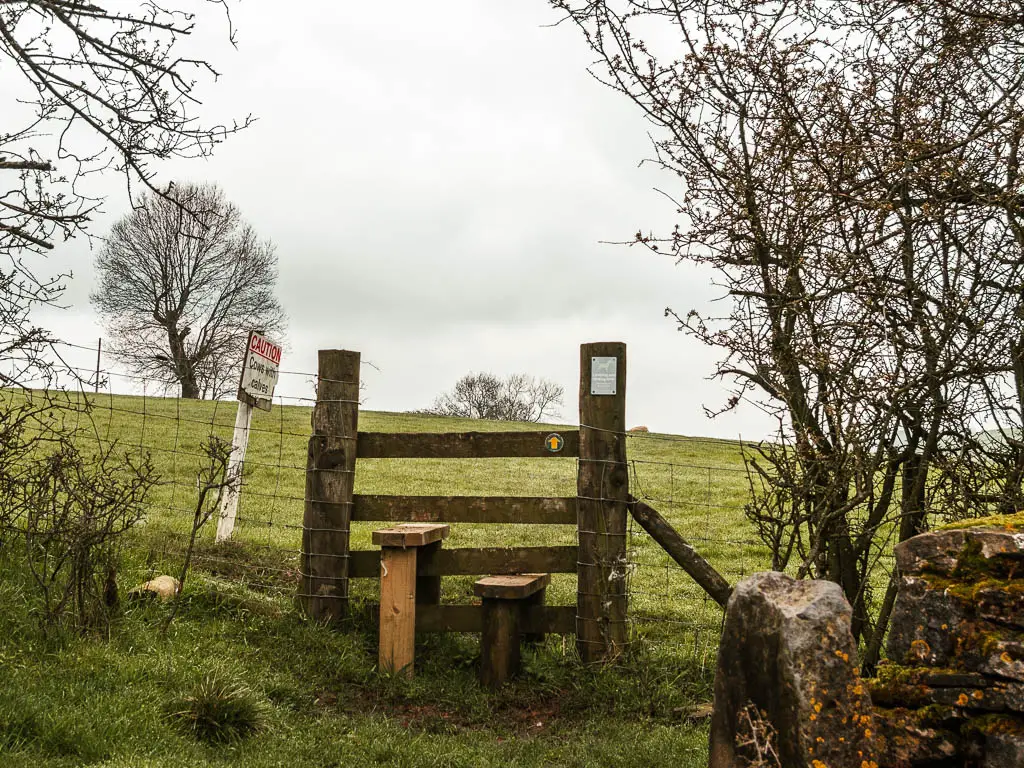 A wooden stile leading to a grass field.