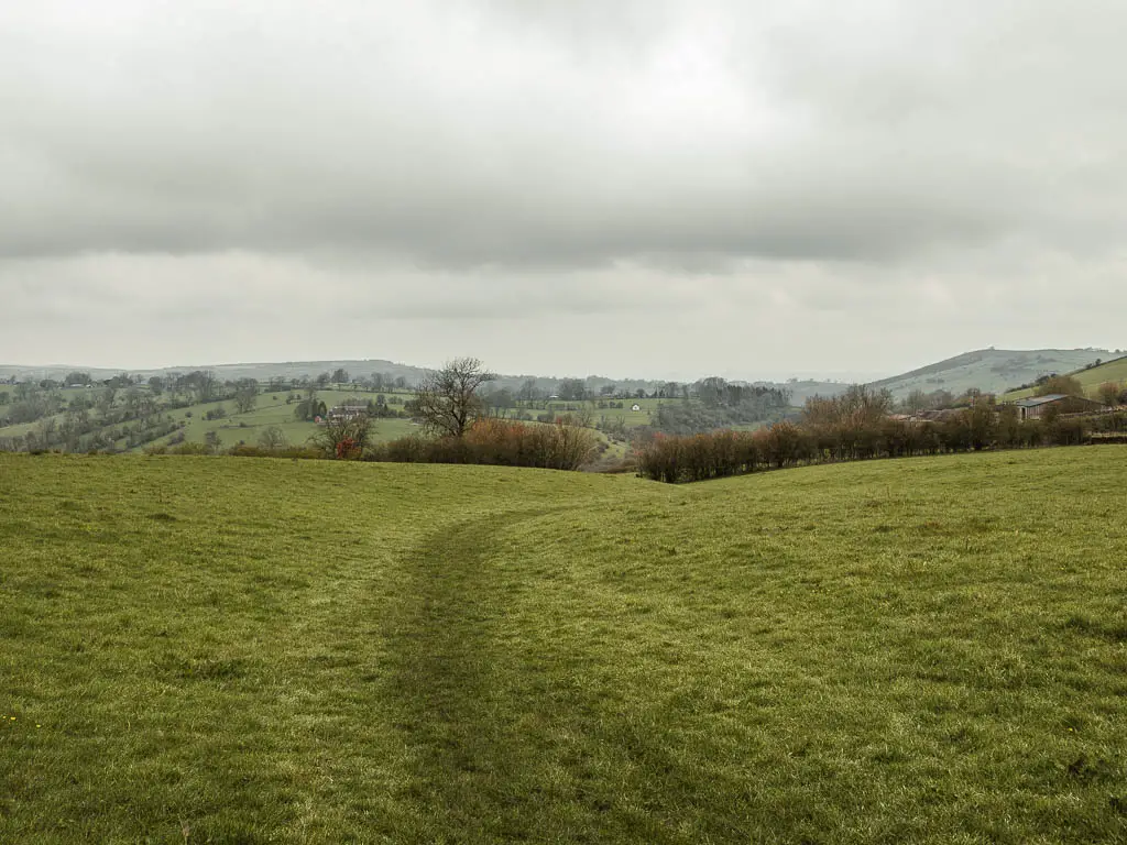 A grass trail leading through a large grass field, with a view to the green hills in the distance. 