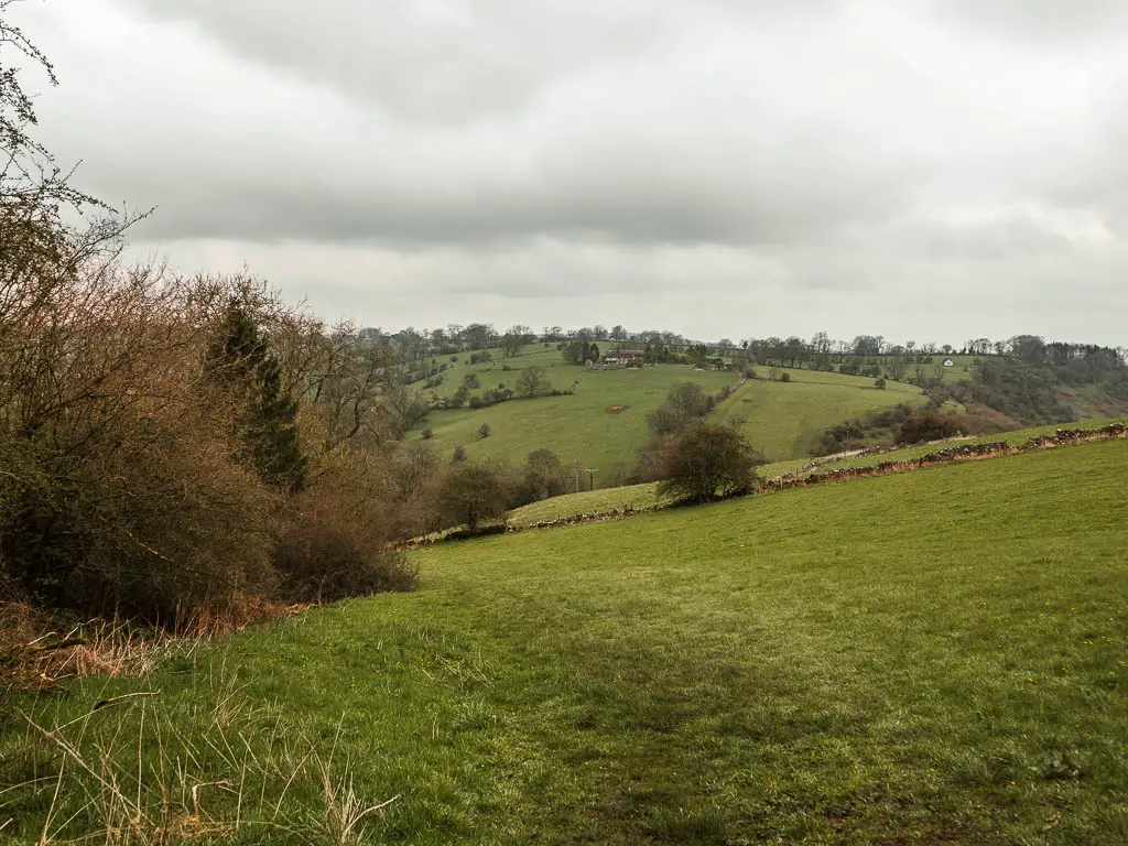 Looking down the hill into the valley and the hills rising up on the other side, partway through the Thor'sCave circular walk.