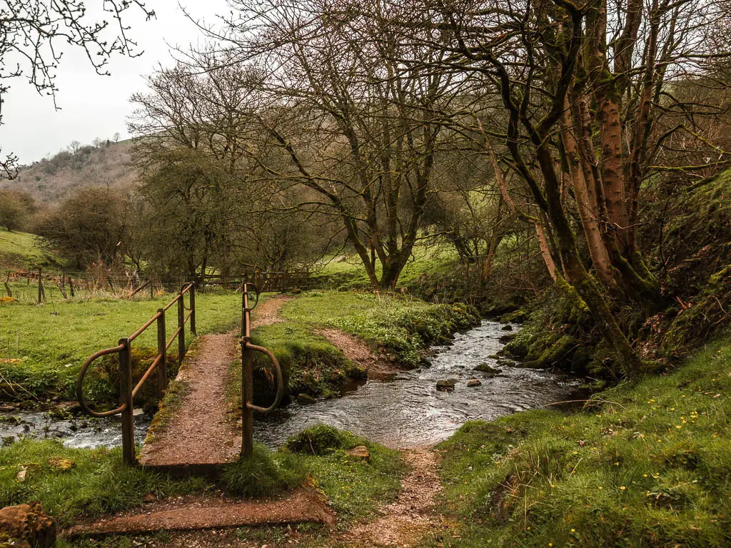 A metal bridge of the brook. the right side of the brook is lined with leading trees.