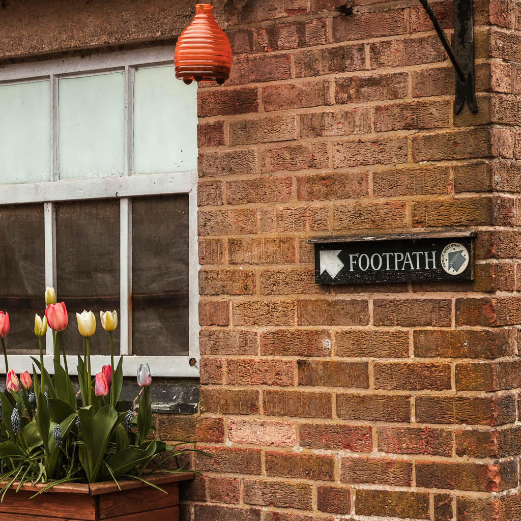 A black footpath sign, with a white arrow pointing left, on the wall of a brick house. There is a flower pot to the left with yellow and pink tulips.