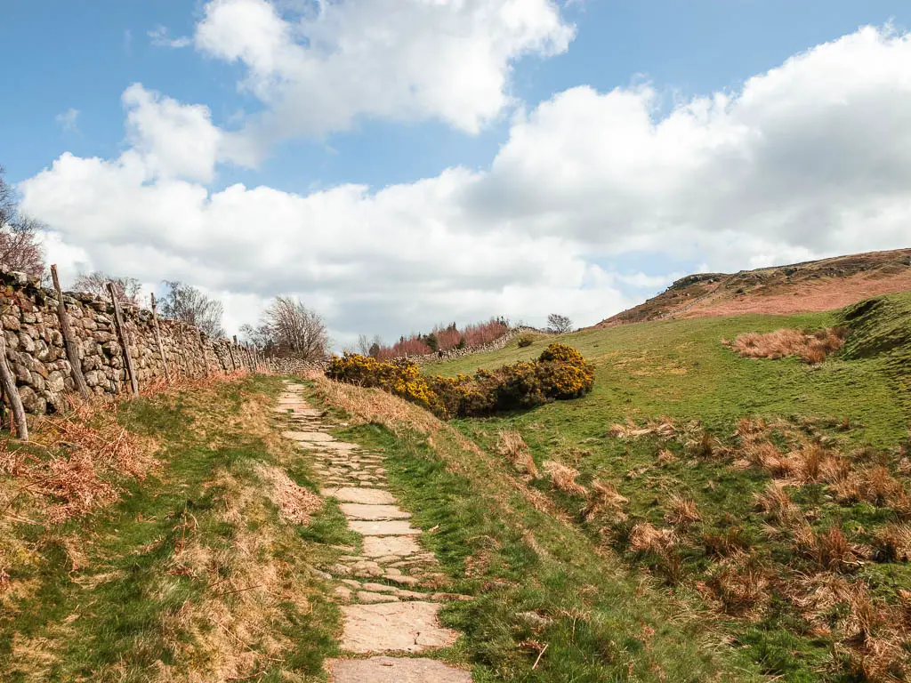 A stone paved trial leading uphill on the left, with a stone wall on the left side of it, and grassy field to the right.