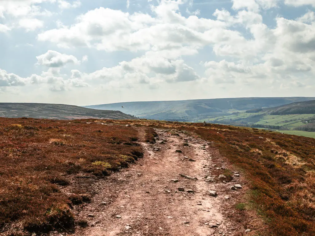 A rocky dirt trail leading through the brown heather, and a view of green way in the distance. 