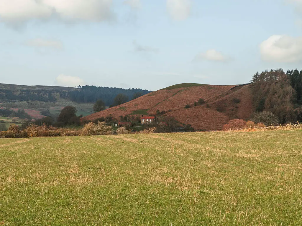 Looking across the short green grass to a hill ahead, and a small house with a red roof at the bottom of the hill, on the walk towards the Wainstones.