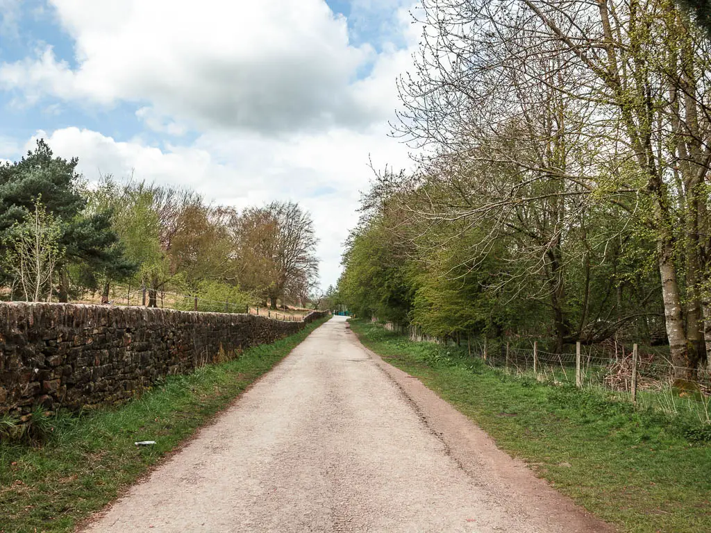 A long straight wide path with a stone wall on the left and grass and trees to the right.