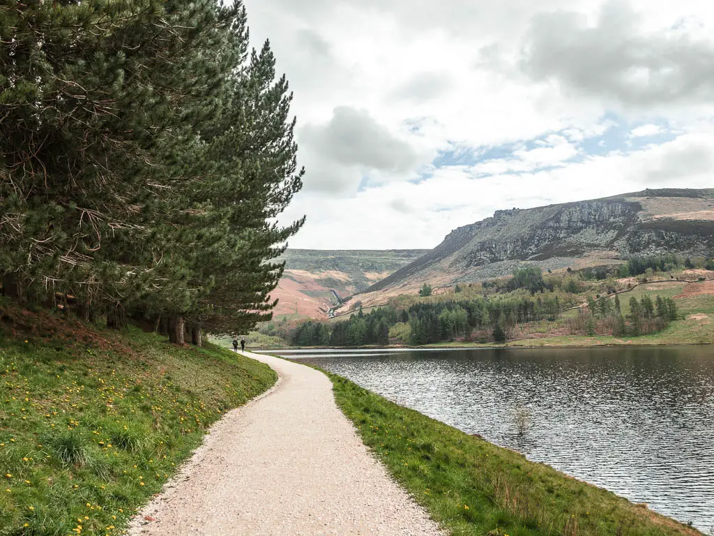 A well maintained path leading straight and around to the left, with big trees on the grass bank on the left and the reservoir on the right.