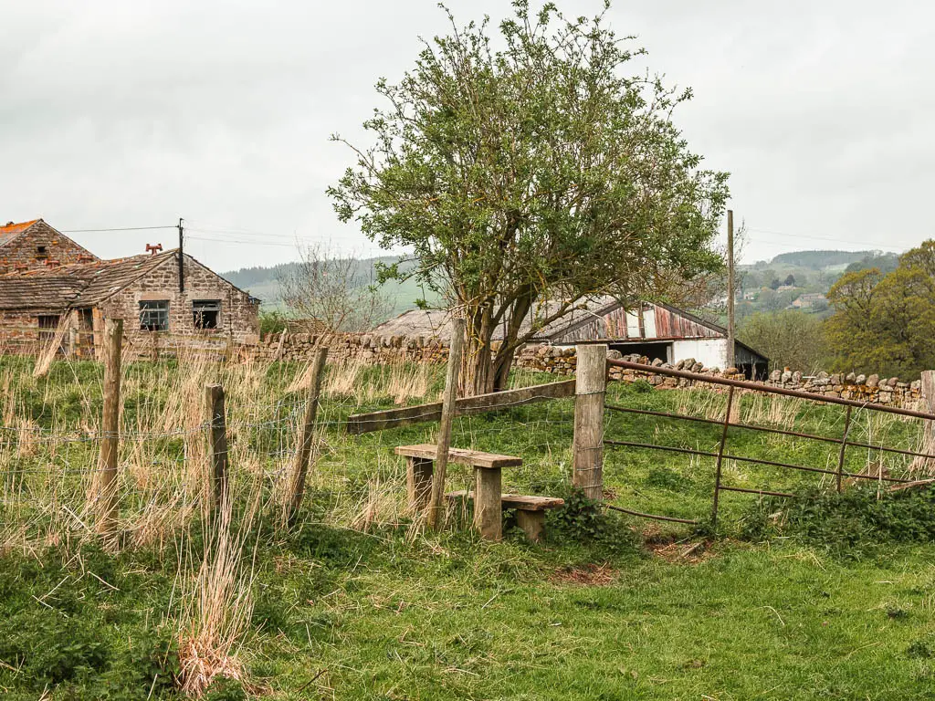 A wooden stile with a wire fence on the left and metal gate with holes on the right, in a field of overgrown grass.