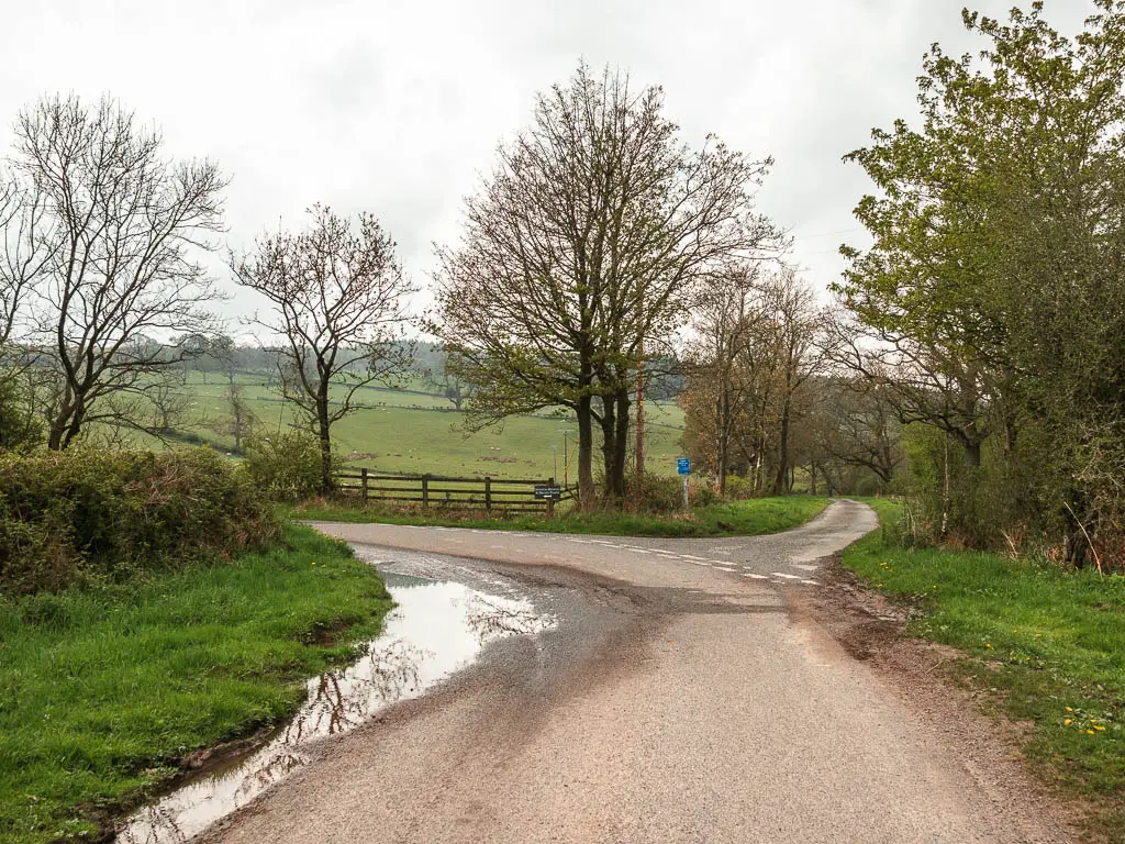 The road as it curves ahead to the left, with a side road leading off it straight. The road is lined with grass.