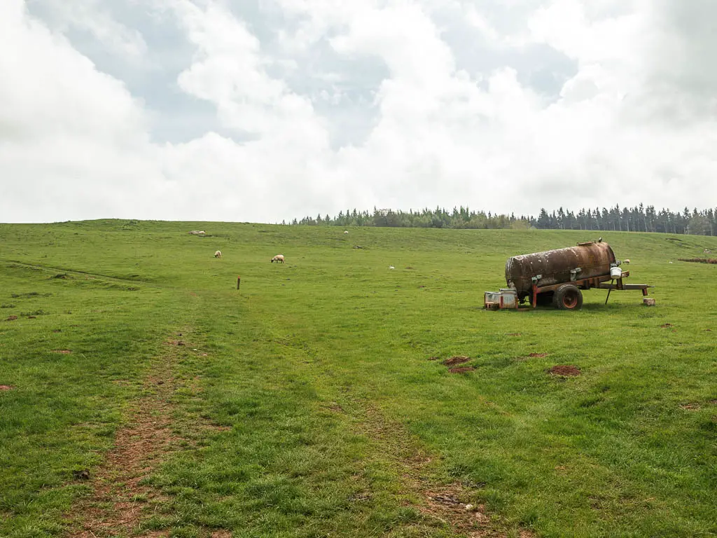 A large grass field with a metal barrel on wheels on the right side.