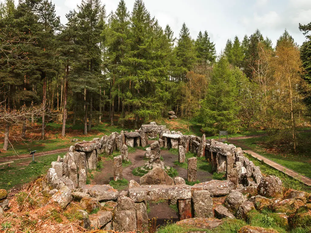 Looking down over the stone circle of Druid's Temple near the end of the circular walk. The stones are surrounded by tall woodland trees.