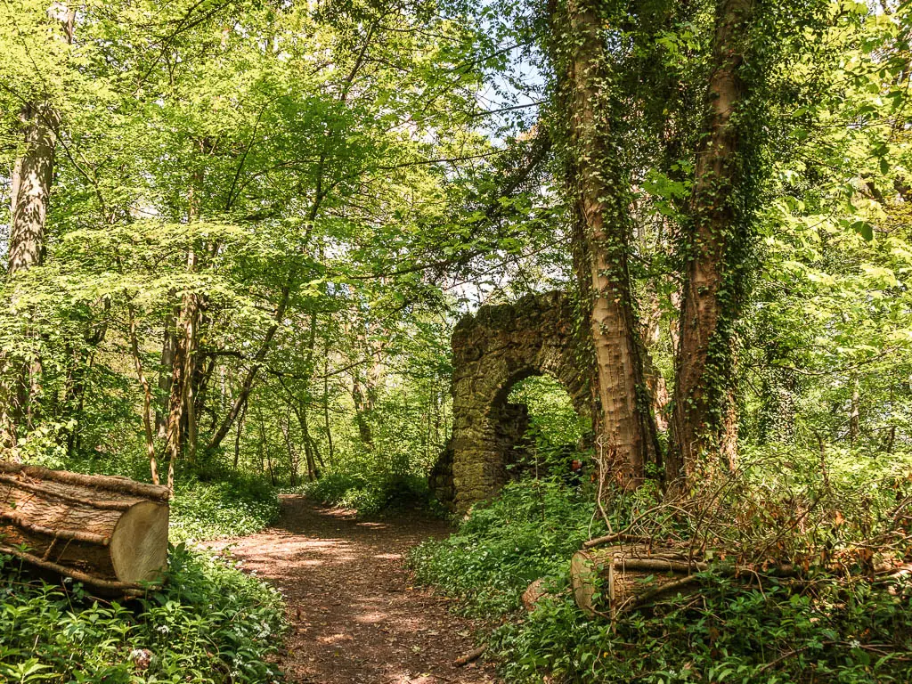 Grotto ruins ahead on the dirt trail, surround by masses of green bushes and leafy trees.