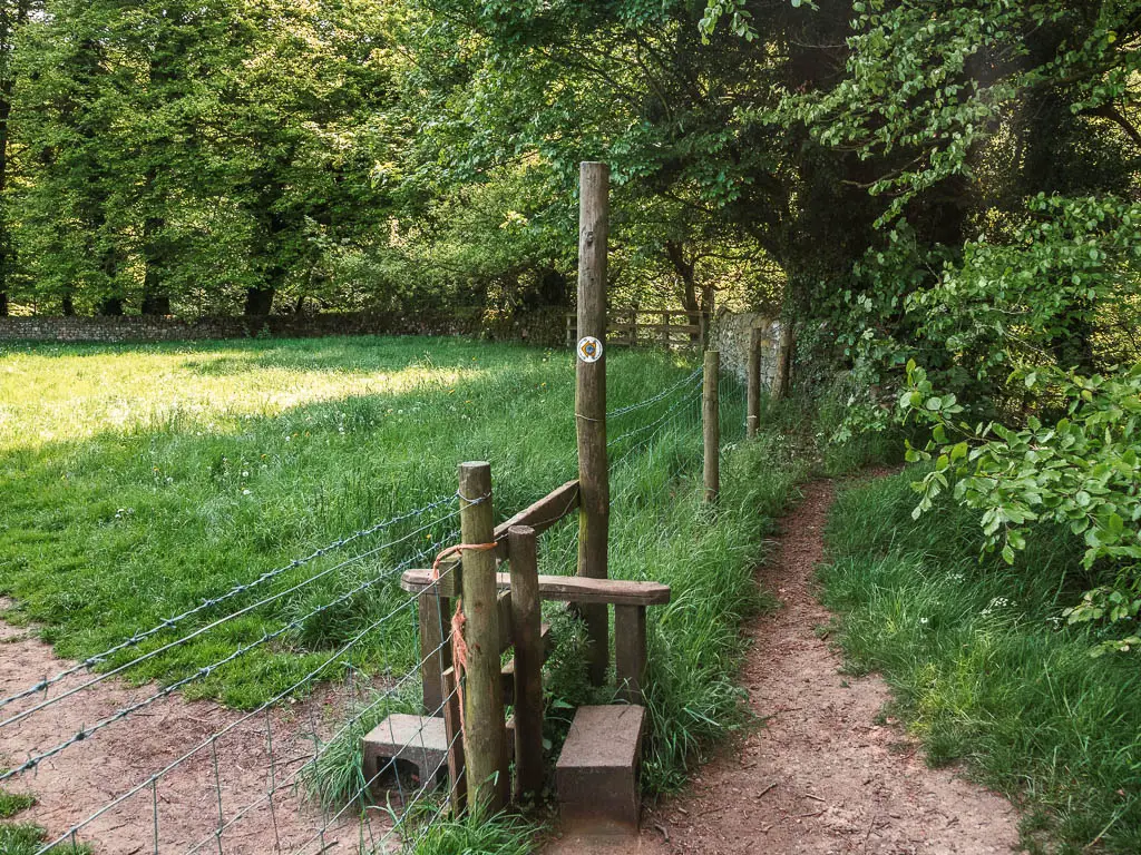 A wooden stile over the wire fence.