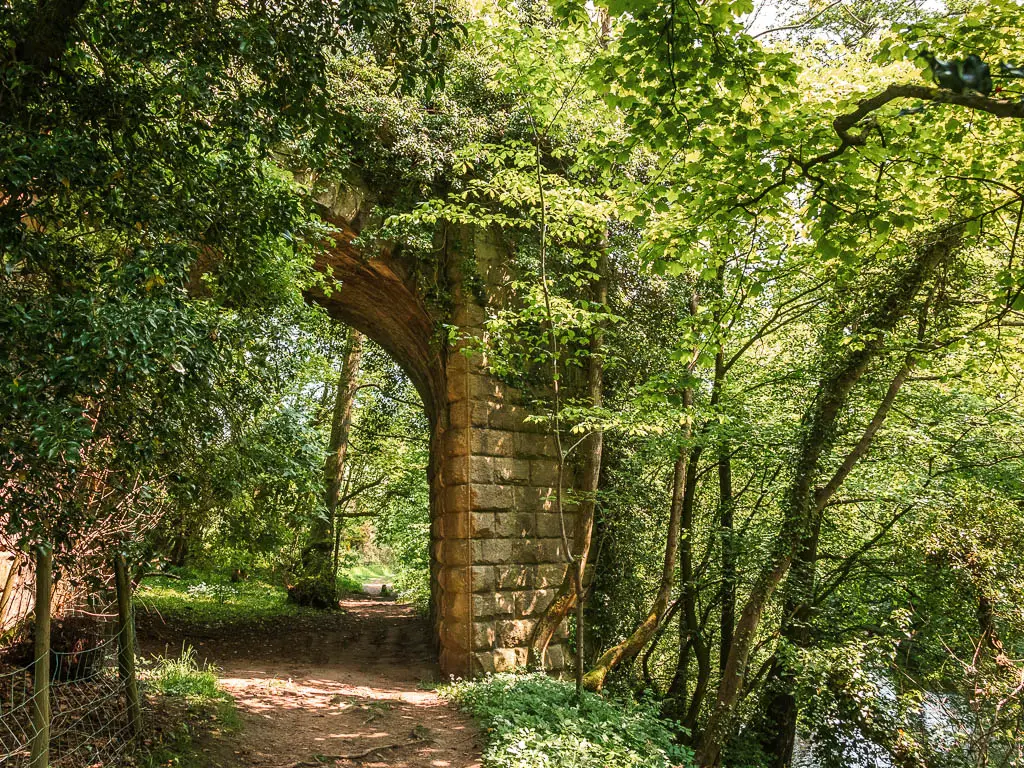 A bridge archway partially hidden by the trees and green leaves, on the riverside wall from Pateley Bridge.