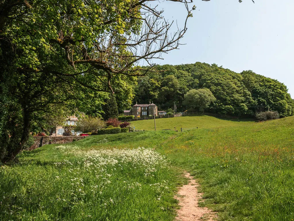 A large field, with a cute house up the hill on the other side when walking away from the riverside section of the Pateley Bridge walk. There is a mass of green leaved trees behind the house. 