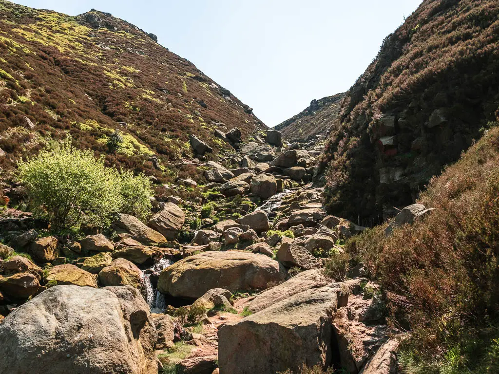 A mass of rocks leading up through the narrow valley on the hike up to the Trinnacle.