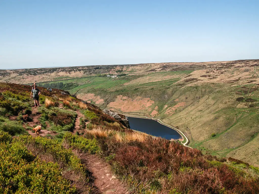 A rugged trail leading along the top of the hill, with a view down into the valley and Dovestone reservoir below, on the walk away from the Trinnacle. There are a couple of people walking along the trial ahead.