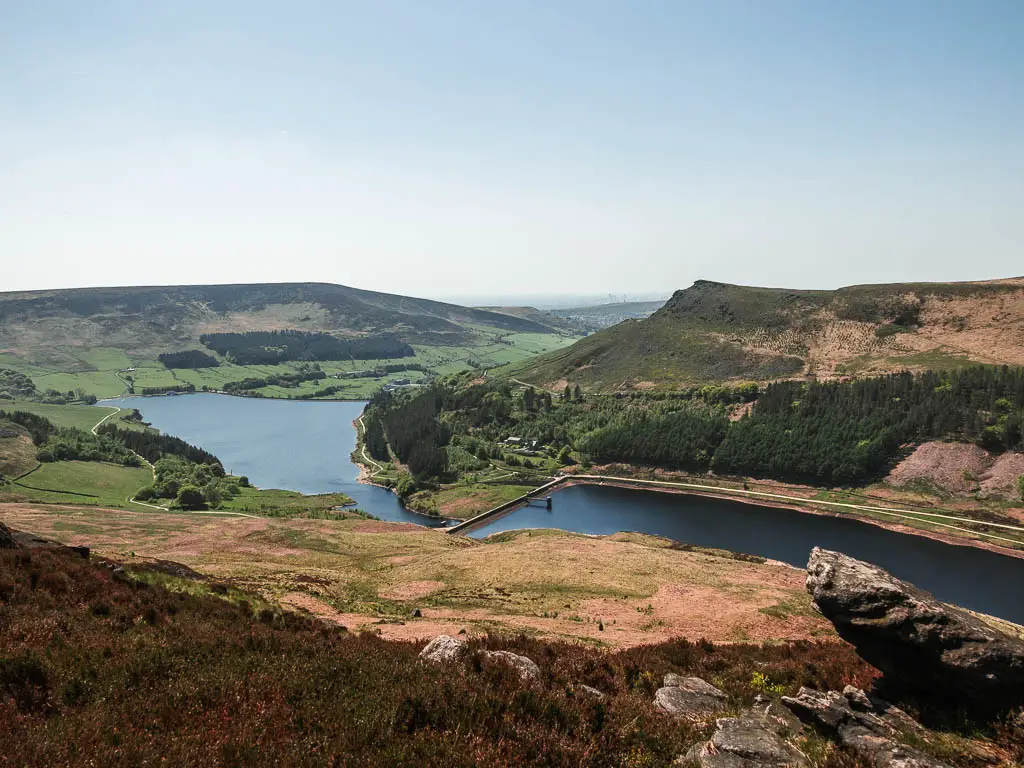 Looking down the hill to the two reservoirs in the valley below.